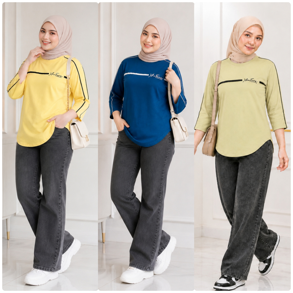 Xhafana - Kaos Atasan Wanita Oval Lengan 7/8 Bahan Combed 20s Tebal Nyaman