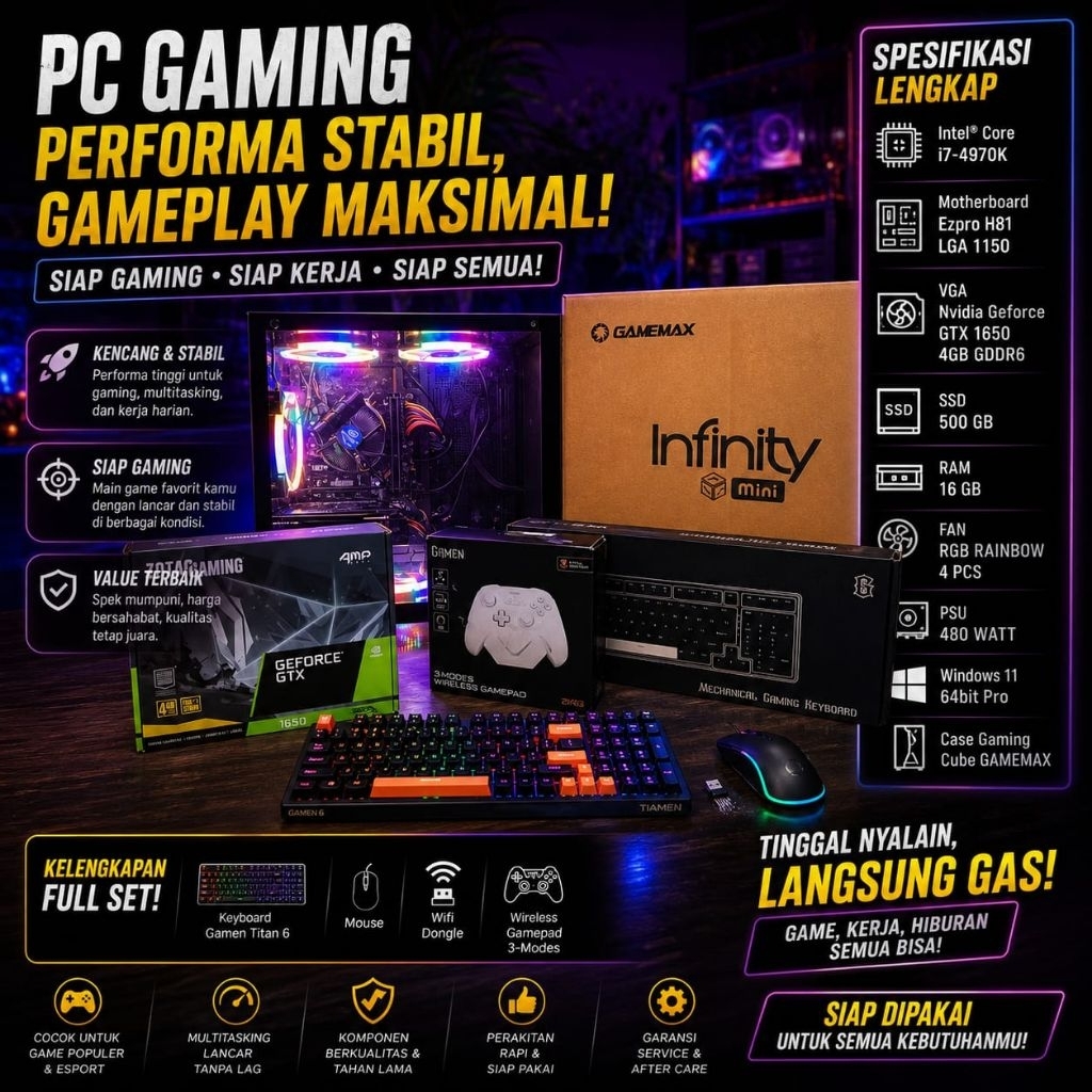 PC Gaming Intel Core i7-4970K | GTX 1650 4GB DDR6 | Siap Pakai