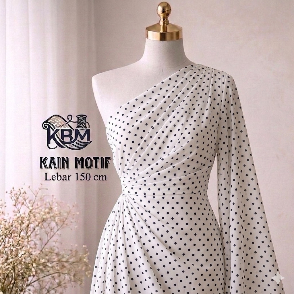Kain Wolcrepe Premium Motif Polkadot Hitam Putih - Bahan Kemeja Tunik & Gamis - Per 0.5 Meter elg