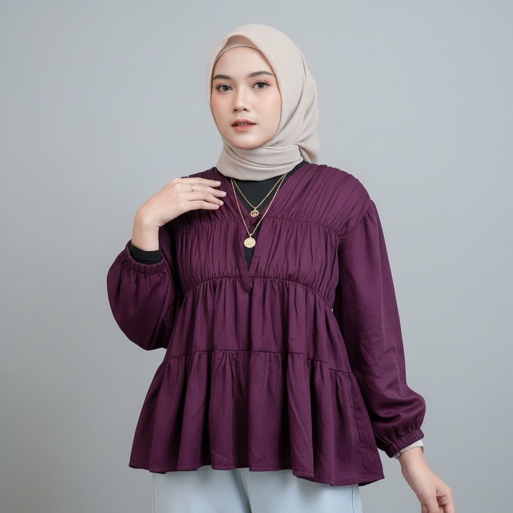 Mireya Blouse Kerut Dada Lengan Panjang Bahan Rayon Twill - Atasan Wanita Terbaru