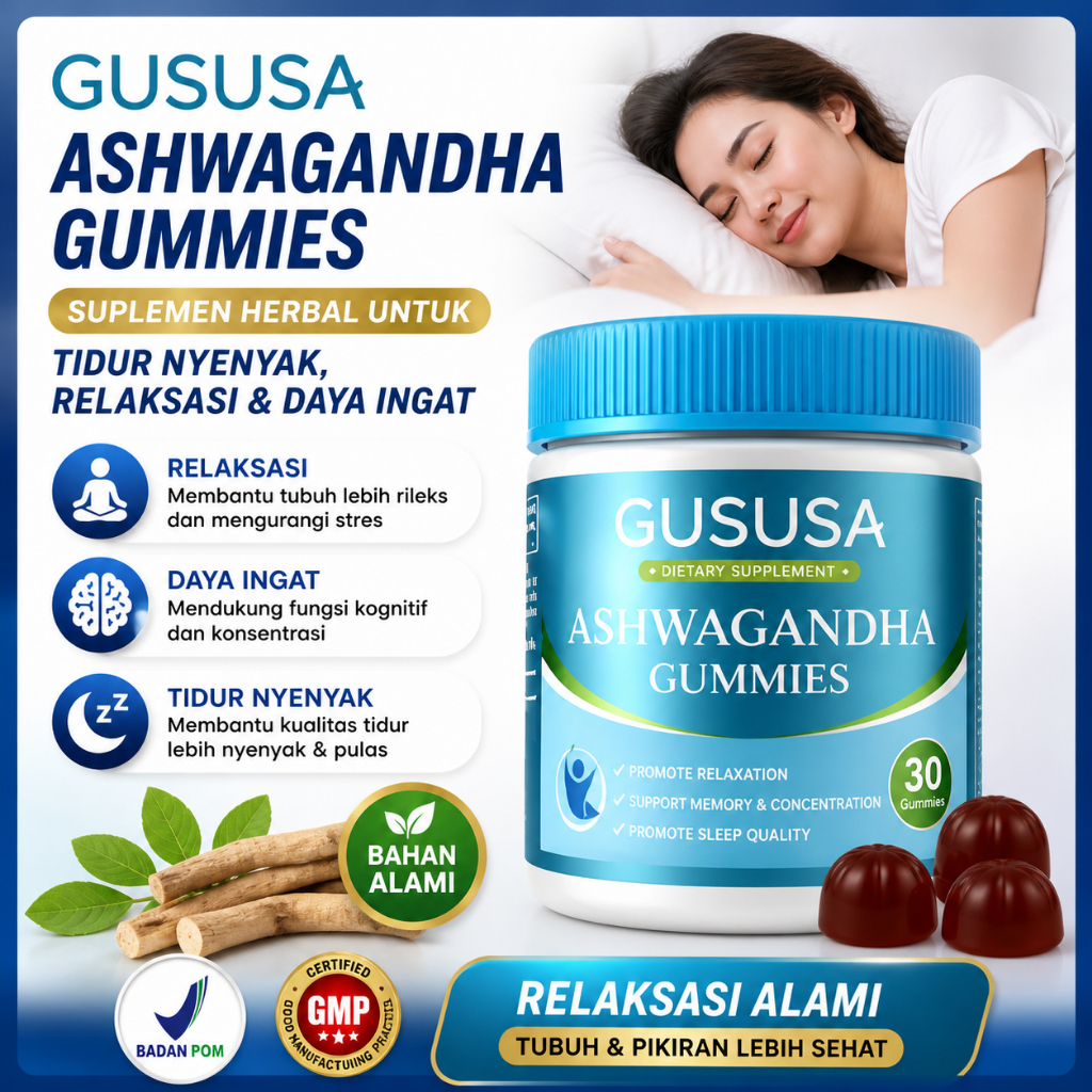 GUSUSA Ashwagandha Gummies Suplemen Anti Stres & Tidur Nyenya