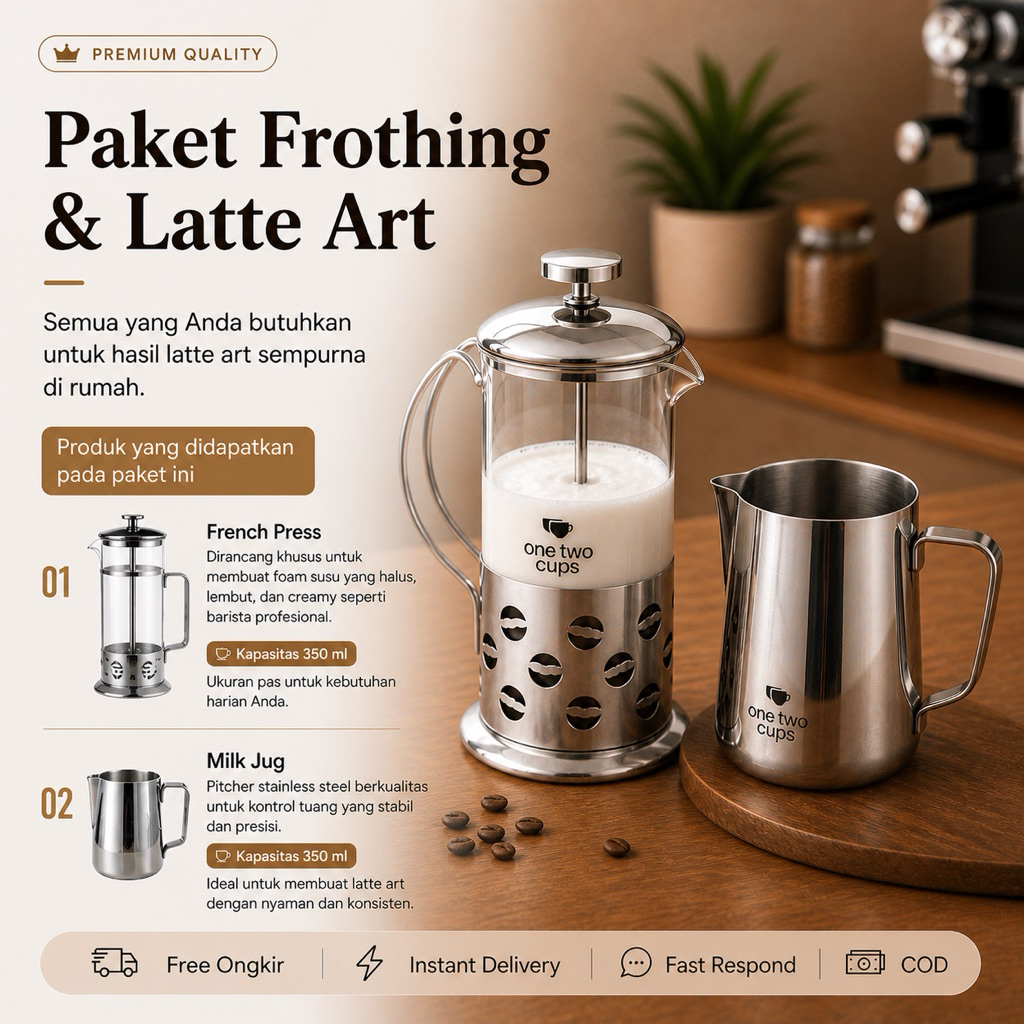 Paket Latte Art French Press Pembuih Susu + Milk Jug pitcher Stainless