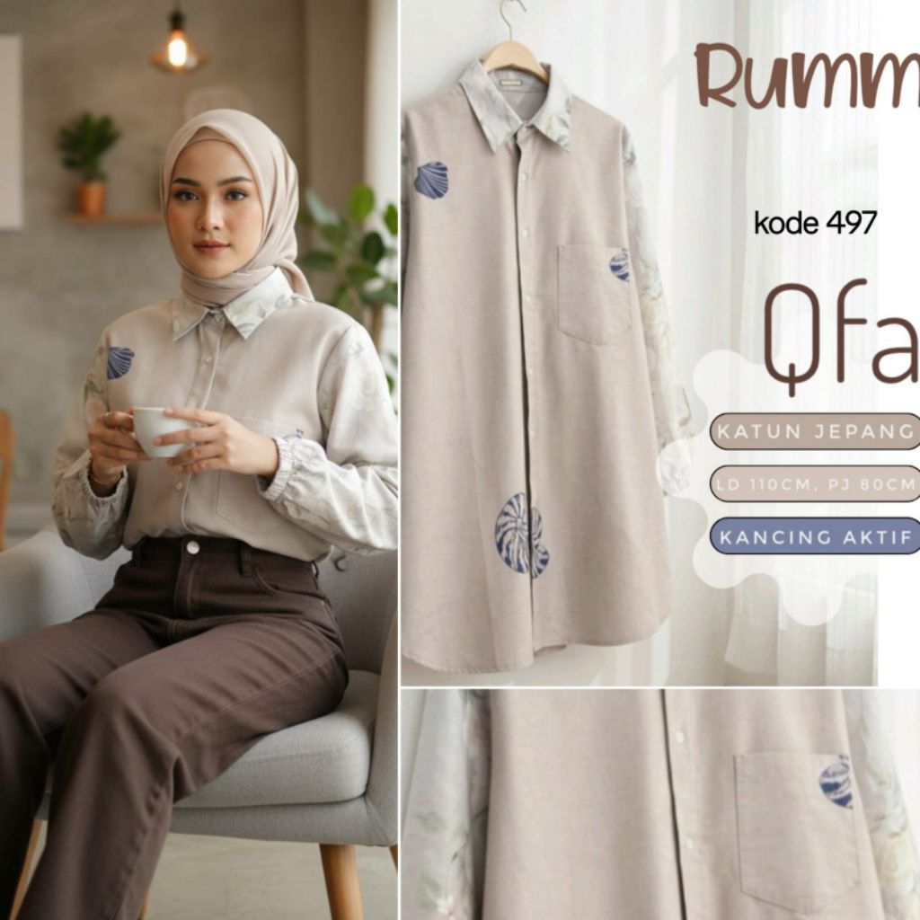 Rummi Atasan Blouse Kemeja Tunik Katun Jepang Ori Tencel Motif Unik Ld 110