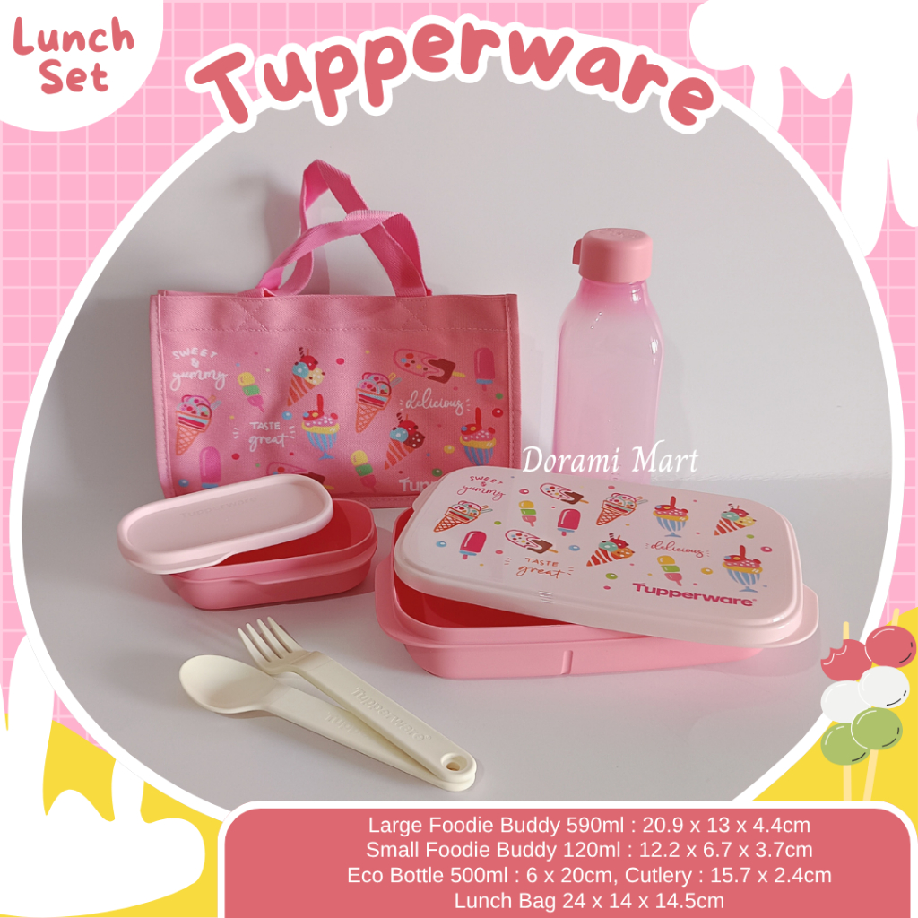 TUPPERWARE Foodie Buddy Lunch Box Set Tas Tempat Bekal Kotak Makan Eco Square Water Bottle Tutup Uli