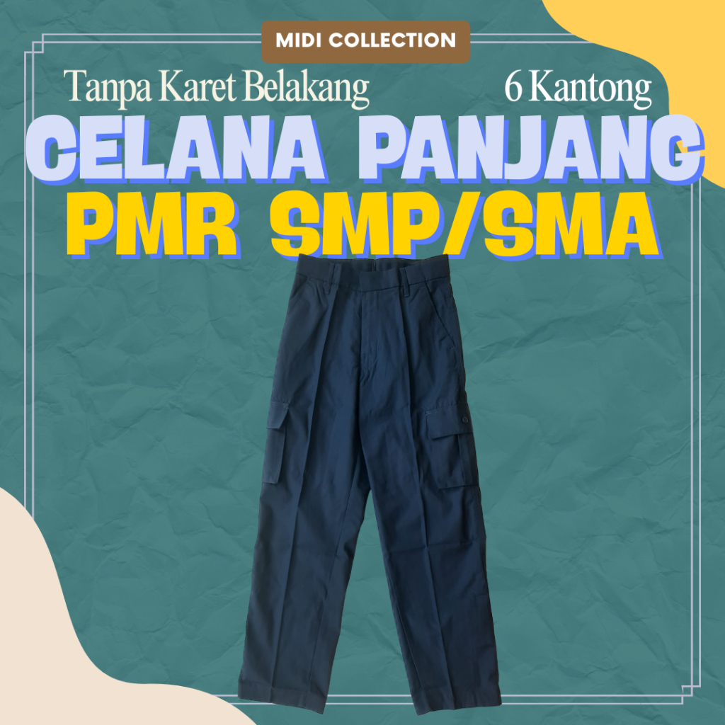 Celana Panjang PMR Biru SMP SMA Premium | Cargo 6 Kantong Gemblok | Tanpa Karet Tebal Adem
