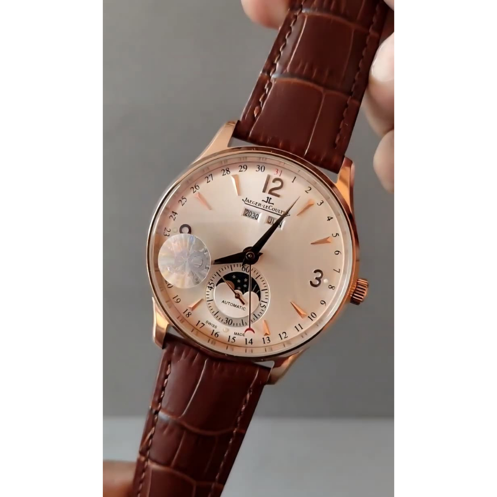 Jam tangan Pria luxury model bulat jlc Calendar rose gold, brown croco leather 40MM Automatic