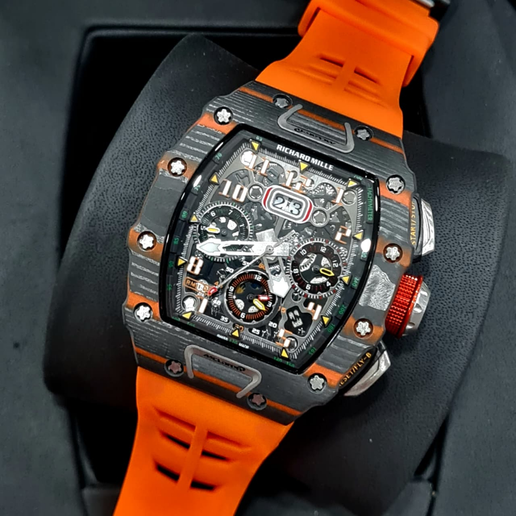 jam tangan pria Sluxury model kotak WISS RM 11-03 McLaren automatic flyback chronograph
