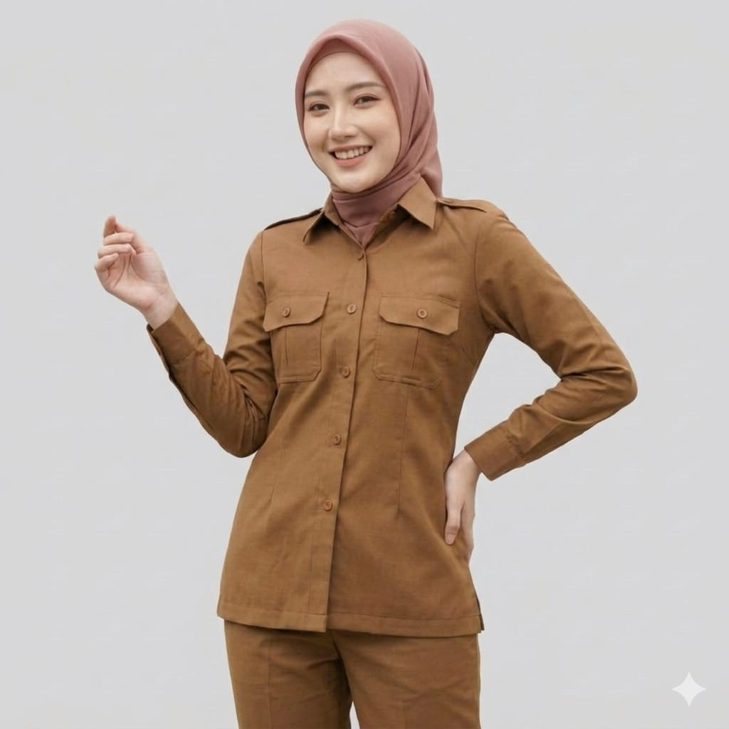 Setelan Baju Kemeja Pemda Dinas PDH PNS Wanita Model Saku Dada Warna Khaki Tua Terpopuler