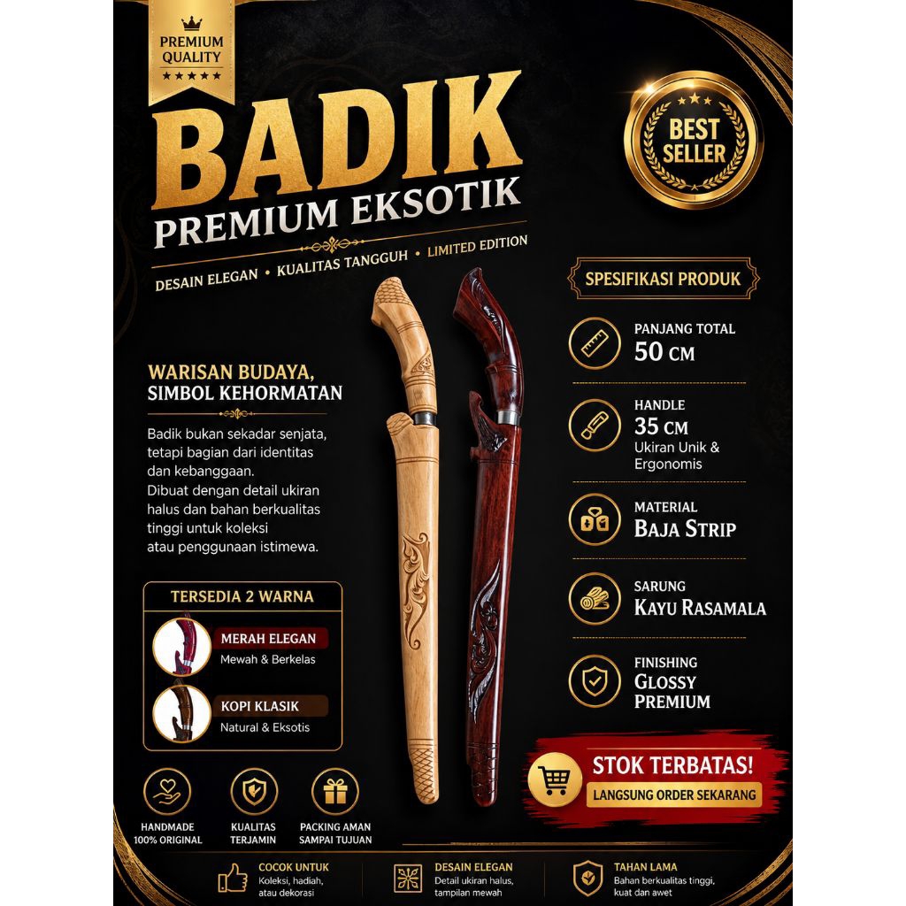 Badik Premium ORIGINAL 50cm Handmade | Baja Strip Asli | Sarung Kayu Rasamala | Ukiran Mewah | Kolek