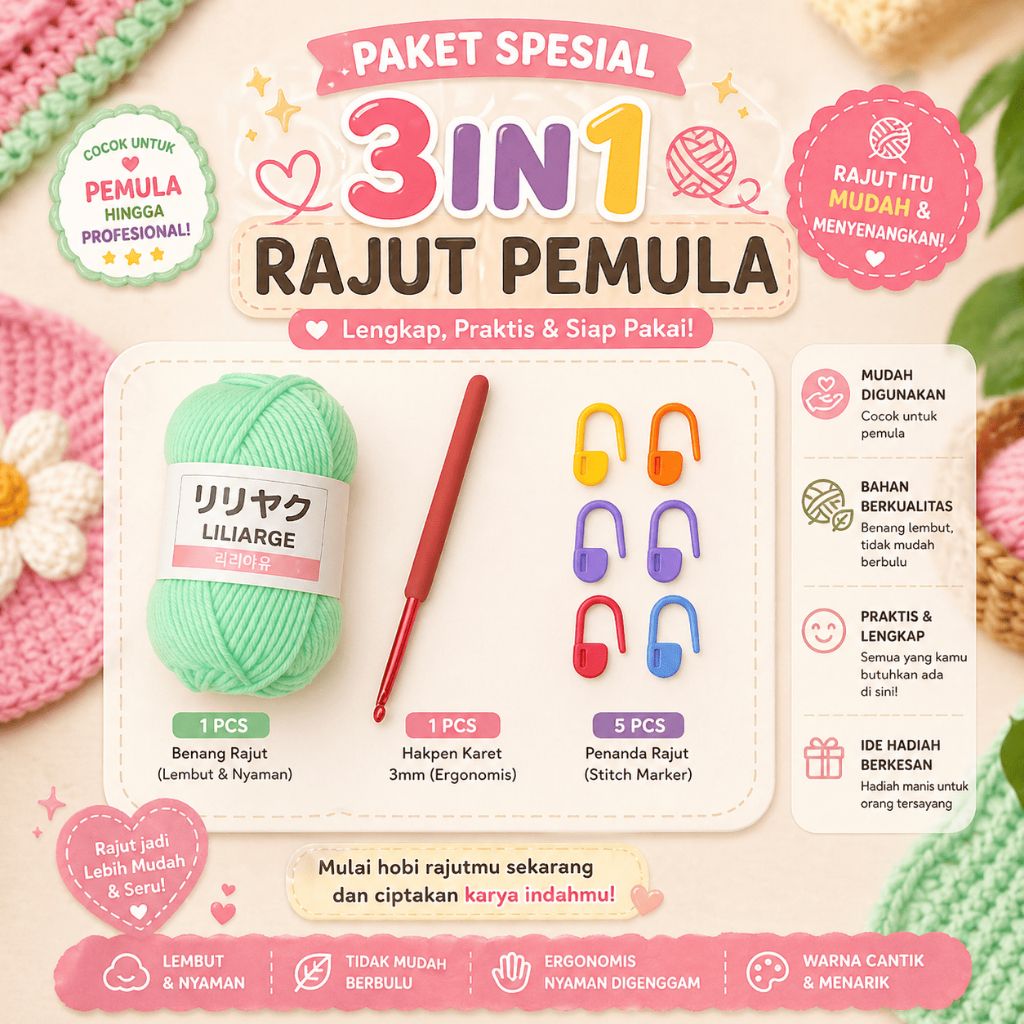 STUDIO RAJUT - PAKET 3IN1 BENANG + HAKPEN + PENANDA RAJUT UNTUK PEMULA