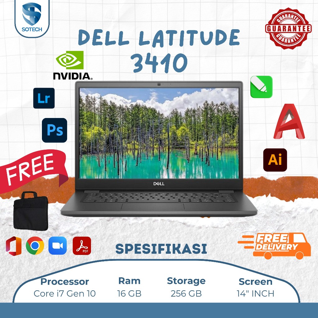 Laptop Dell Latitude 3410 i7 16GB SSD 256GB MX230 FHD Laptop Kerja Design Gaming Tipis Kencang Windo