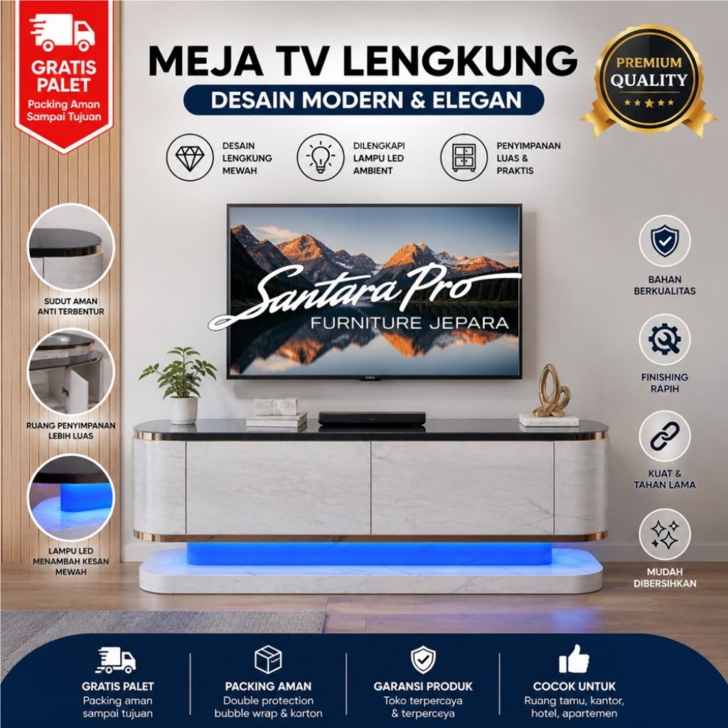 Meja TV Minimalis Modern 180x40x45 cm Rak TV Panjang Plywood Finishing Tacosheet Buffet TV Elegan Le