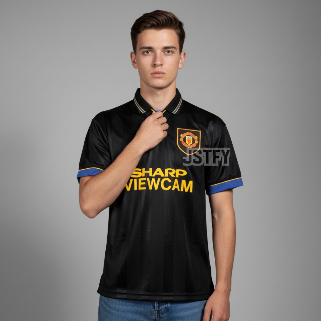 Jersey Retro Mnchstr Untd Away kung fu 1993 1994 Sharp vewcam Baju M U Bola Hitam Vintage Classic Fu