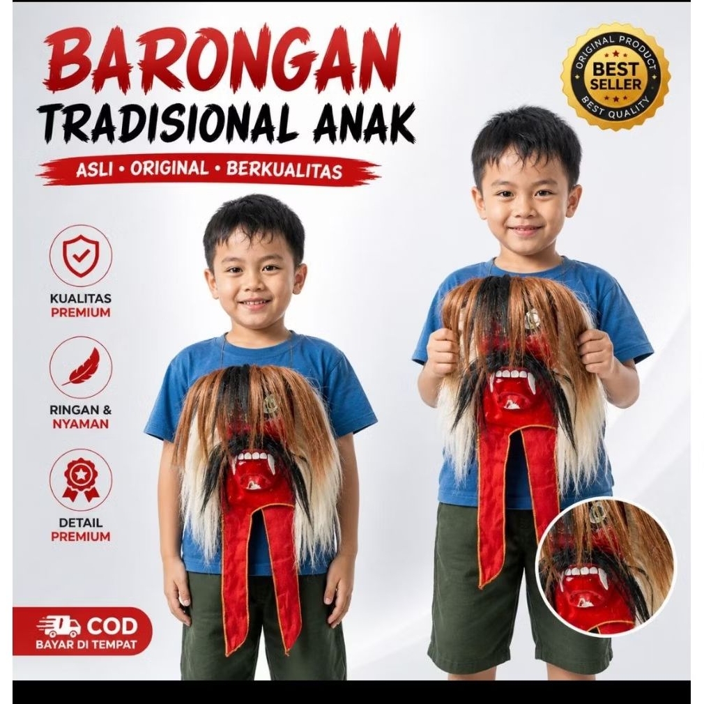 Topeng Ganongan Anak Rambut Sintetis Asli Ponorogo | Topeng Reog Anak TK SD | Barongan Anak Premium