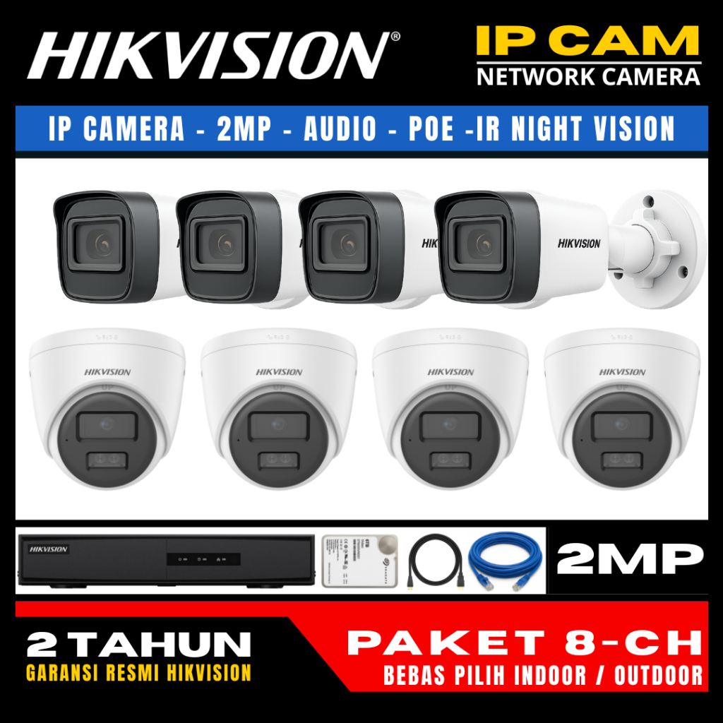 paket cctv hikvision ip camera 2mp audio 8 channel 8 kamera ip camera cctv