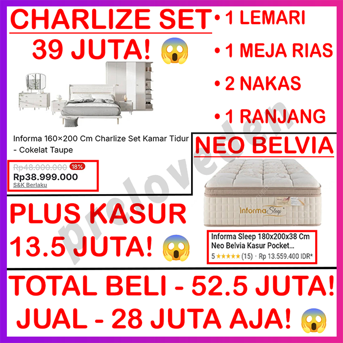 (Preloved - Super Deal) Paket Informa Charlize 1 Tempat Tidur 1 Lemari Pakaian 1 Meja Rias 2 Nakas P