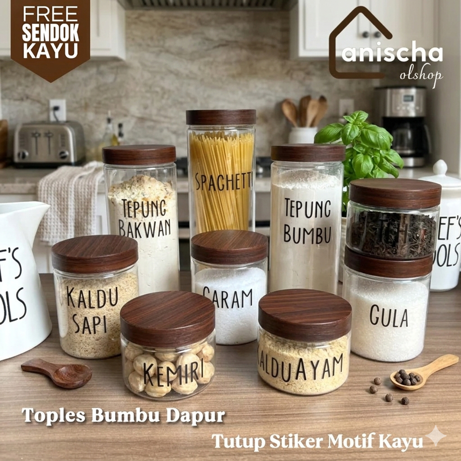 Free Sendok- Toples Bumbu Dapur Tutup Plastik Lapis Stiker Motif Kayu Kedap Udara Bisa Custom Label 