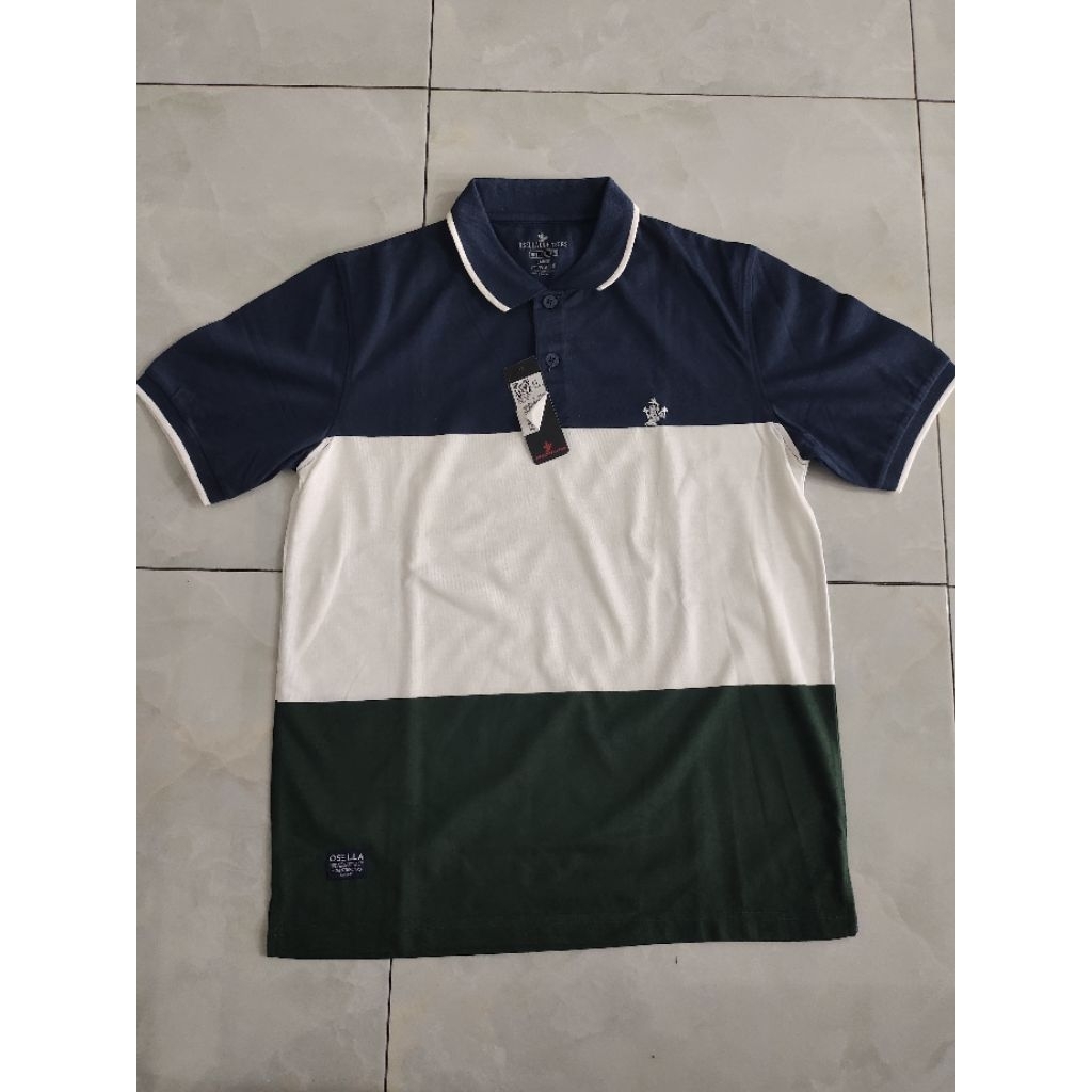 Kaos Polo OSELLA UK L Hijau Garis" Abu, 100%Original