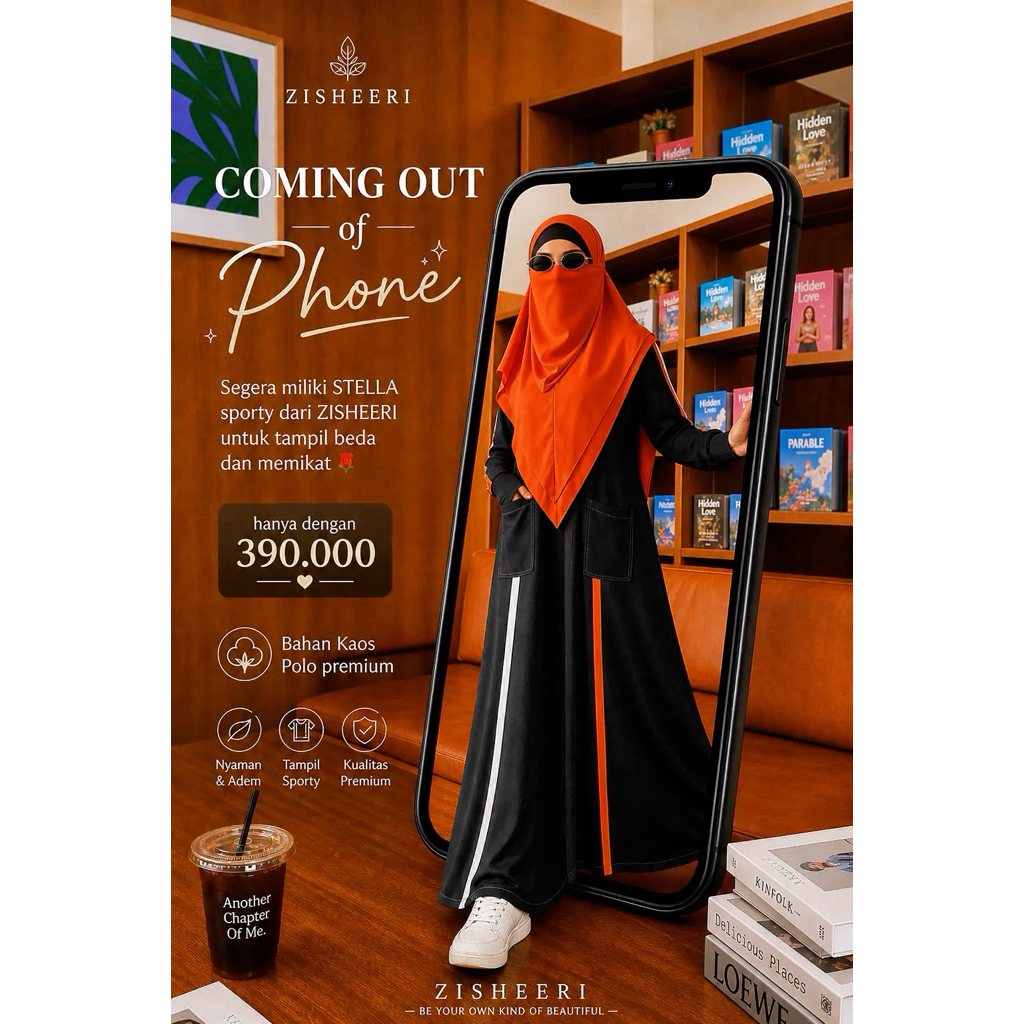 Zisheeri Stella Sporty Gamis Hitam Polo Premium dengan karakter yang flowy dan lembut