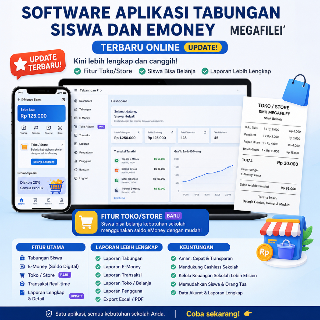 Software Aplikasi Tabungan siswa dan Emoney + Toko Terbaru Online