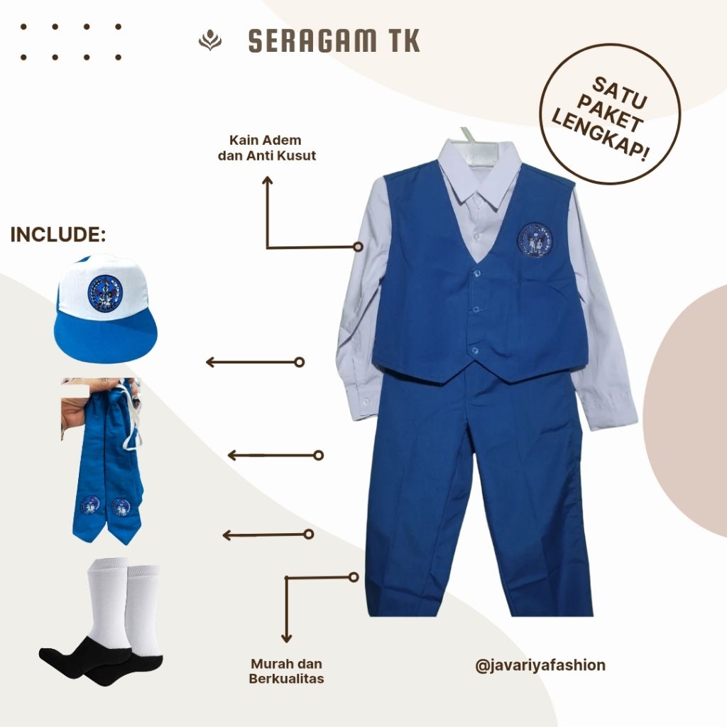 Seragam TK biru putih satu paket lengkap (Kemeja Putih Lengan Panjang/Pendek, Rompi, Topi, Dasi, Kao
