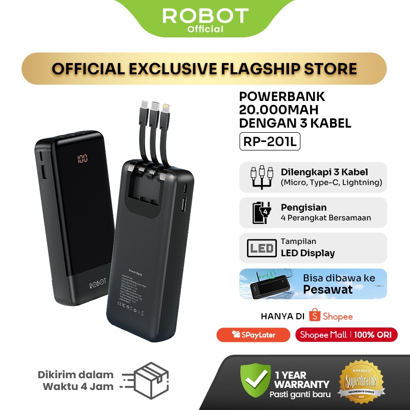 ROBOT 20000mAh Fast Charging Powerbank 3 Kabel Type-C Lightning Micro - Bisa Dibawa ke Pesawat RP-20