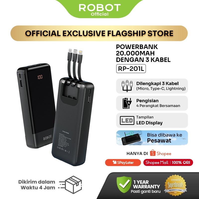 ROBOT 20000mAh Fast Charging Powerbank 3 Kabel Type-C Lightning Micro - Bisa Dibawa ke Pesawat RP-201L - Garansi 1 Tahun