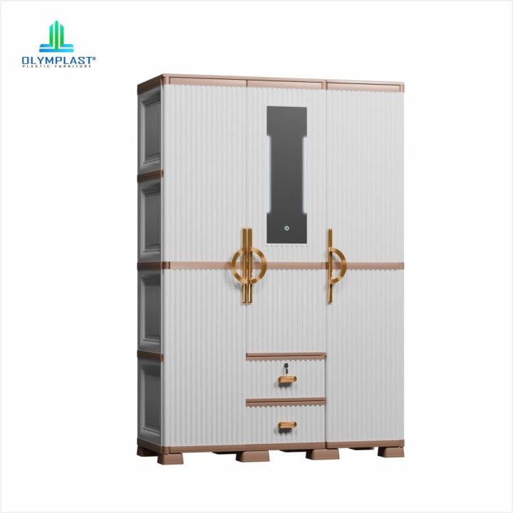 Olymplast Lemari 3 Pintu Luxury Cermin + LED dan Gagang Pintu Warna Gold Mewah