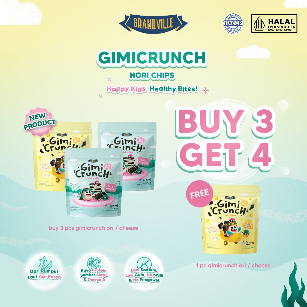 [BUY 3 GET 4] Grandville GimiCrunch Nori Chips snack Crispy Seaweed HALAL Mix Pack - Aman untuk anak
