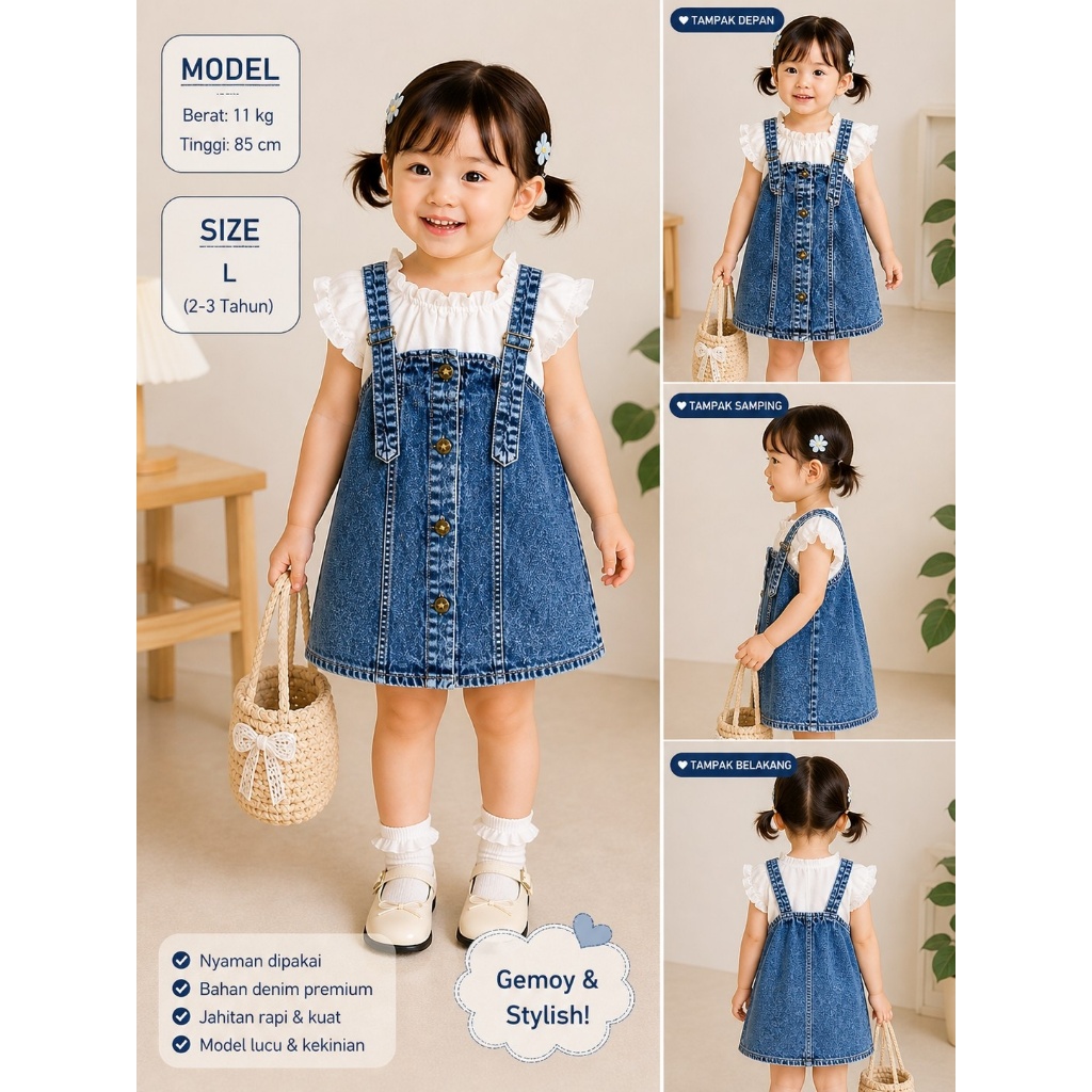 QUENZA Dress Anak Perempuan Jeans Kombinasi Rayon Crinkle Korean Style Umur 1-5 Tahun Lucu