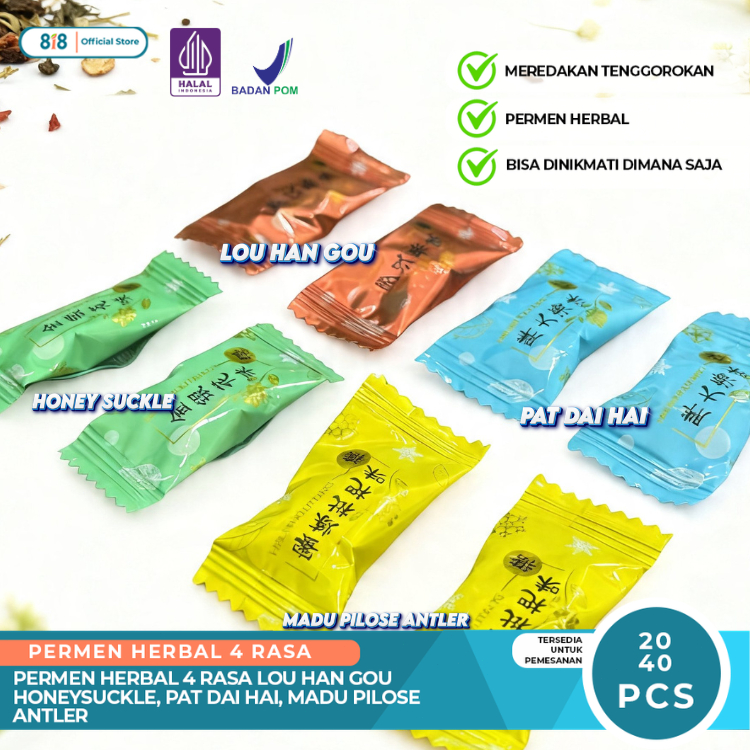Permen Herbal Pereda Sakit Tenggorokan 4 Rasa Luo Han Guo Honeysuckle Pat Hai Hai Madu Niose Antler 