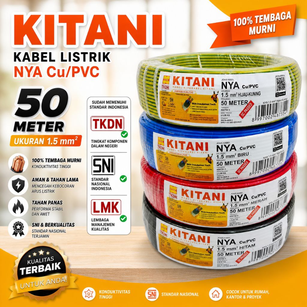 Kabel Listrik NYA 1,5mm KITANI Kawat Tunggal Tembaga Asli 1 roll 50meter