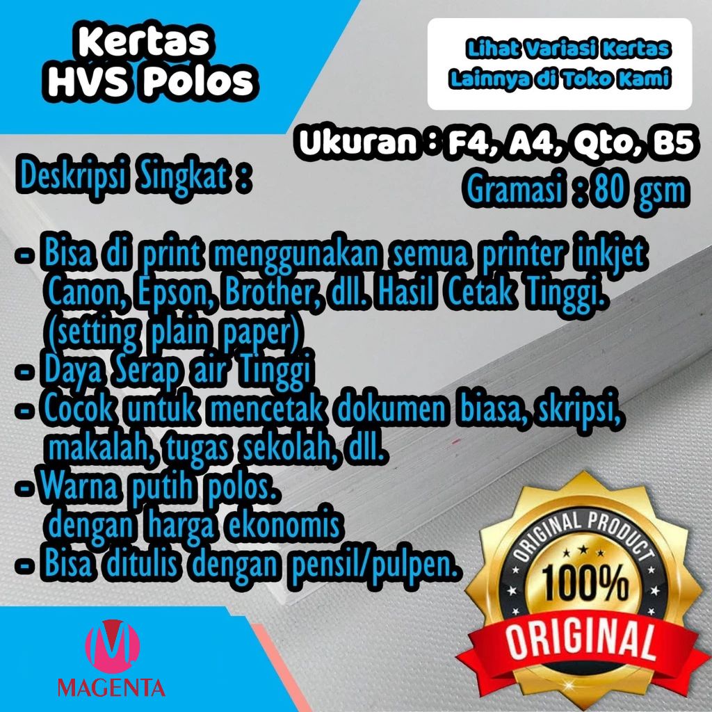 Kertas HVS 80 Gram Putih Polos F4 A4 Qto B5 / Kertas Tulis HVS White High Quality 80 Gsm