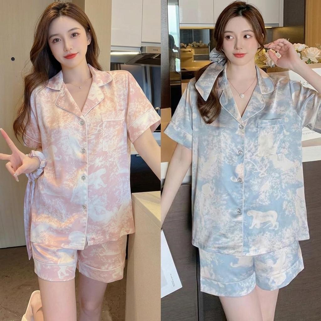 Set Piyama Wanita Bahan Ice Silk Kaos Lengan Pendek Celana Pendek Untuk Rumah One Set One Set Wanita