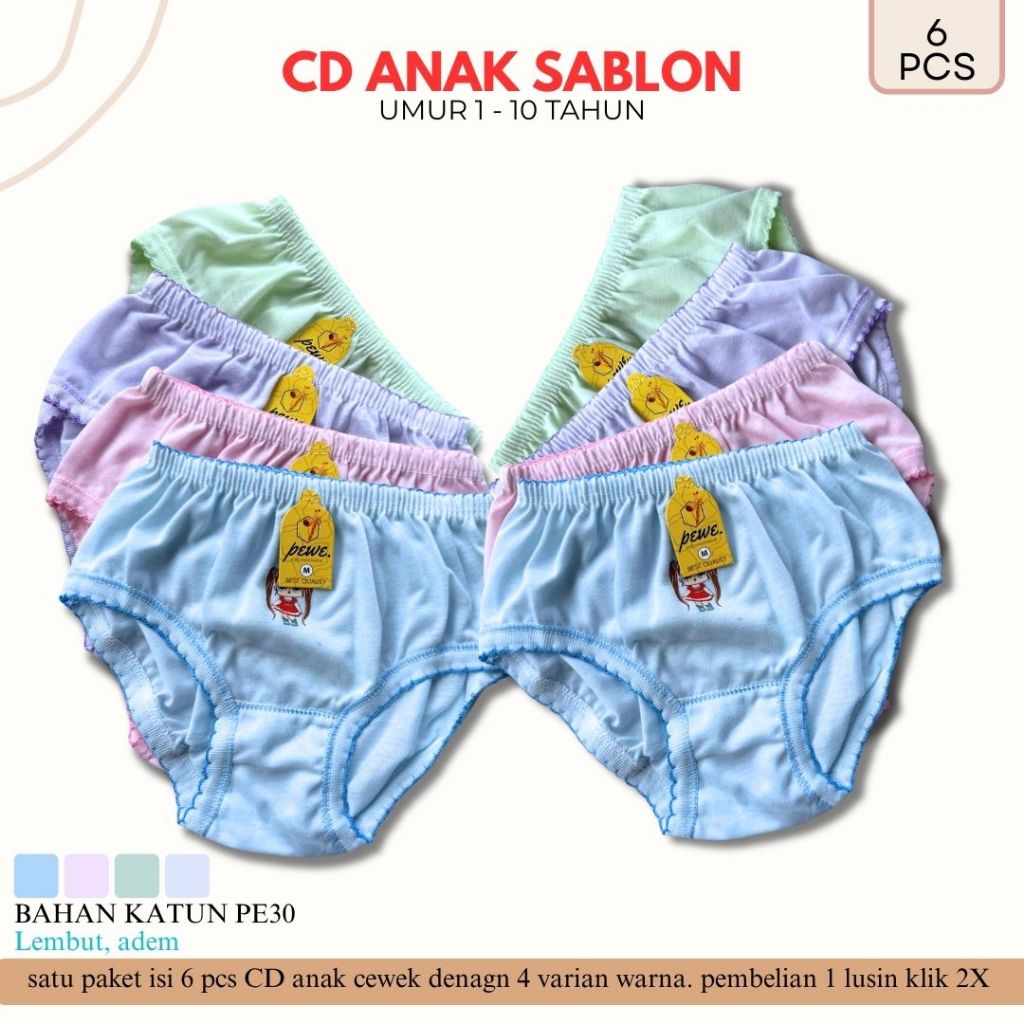 12 PCS CD daleman Anak Cewek polos warna warni - Celana Dalam Anak Perempuan / Cd Anak Cewek Bahan K