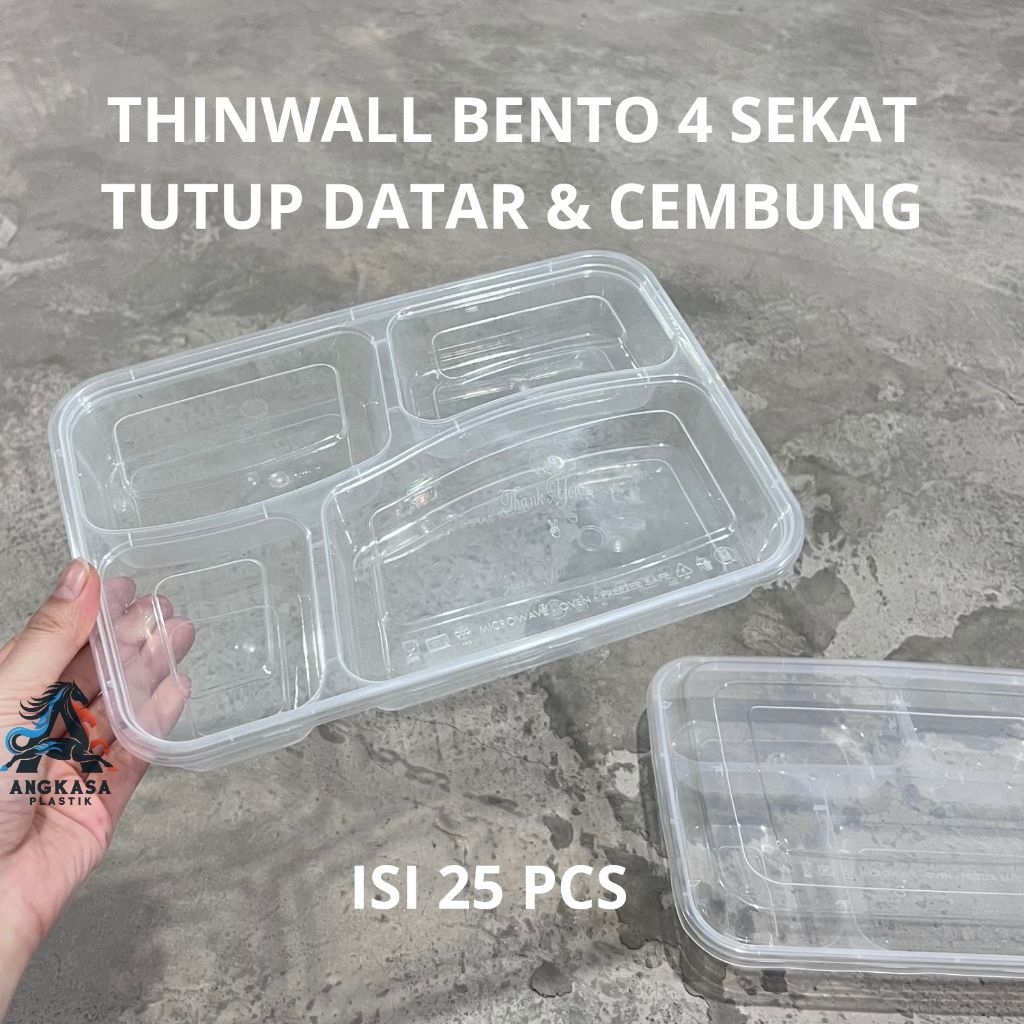 (25 PCS) Thinwall Bento 4 Sekat Tutup DOME & DATAR / Thinwall Sekat 4 / Thinwall Bento Tutup Datar /