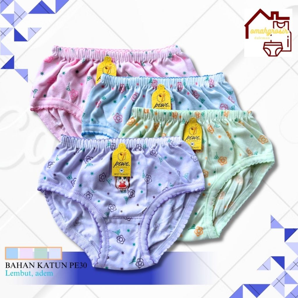 Isi paket 12 Pcs Celana Dalam Anak Cewek / 12 Pcs Pewe Motif Bunga Cantik Full Print Lembut Adem Nya