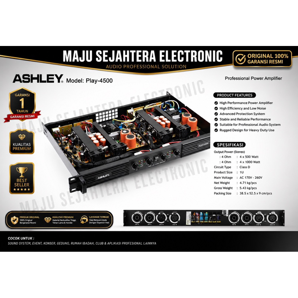 POWER ASHLEY 4 CHANNEL 4X500WATT CLASS D PLAY4500 play4500 PLAY-4500 PLAY 4500 ORIGINAL