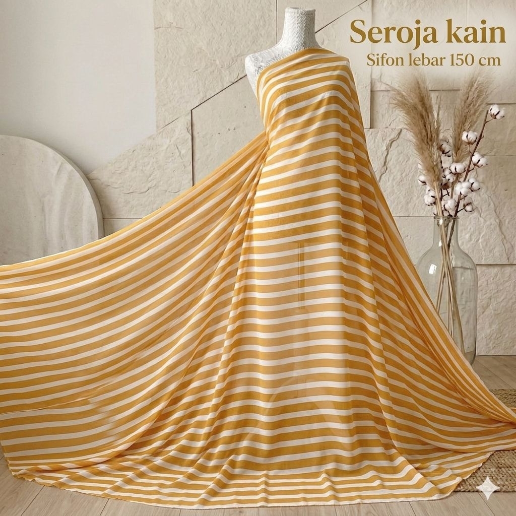 Kain Sifon Ceruty Motif Salur Garis Mustard White - Bahan Ceruti Babydoll Meteran Premium - Untuk Hi