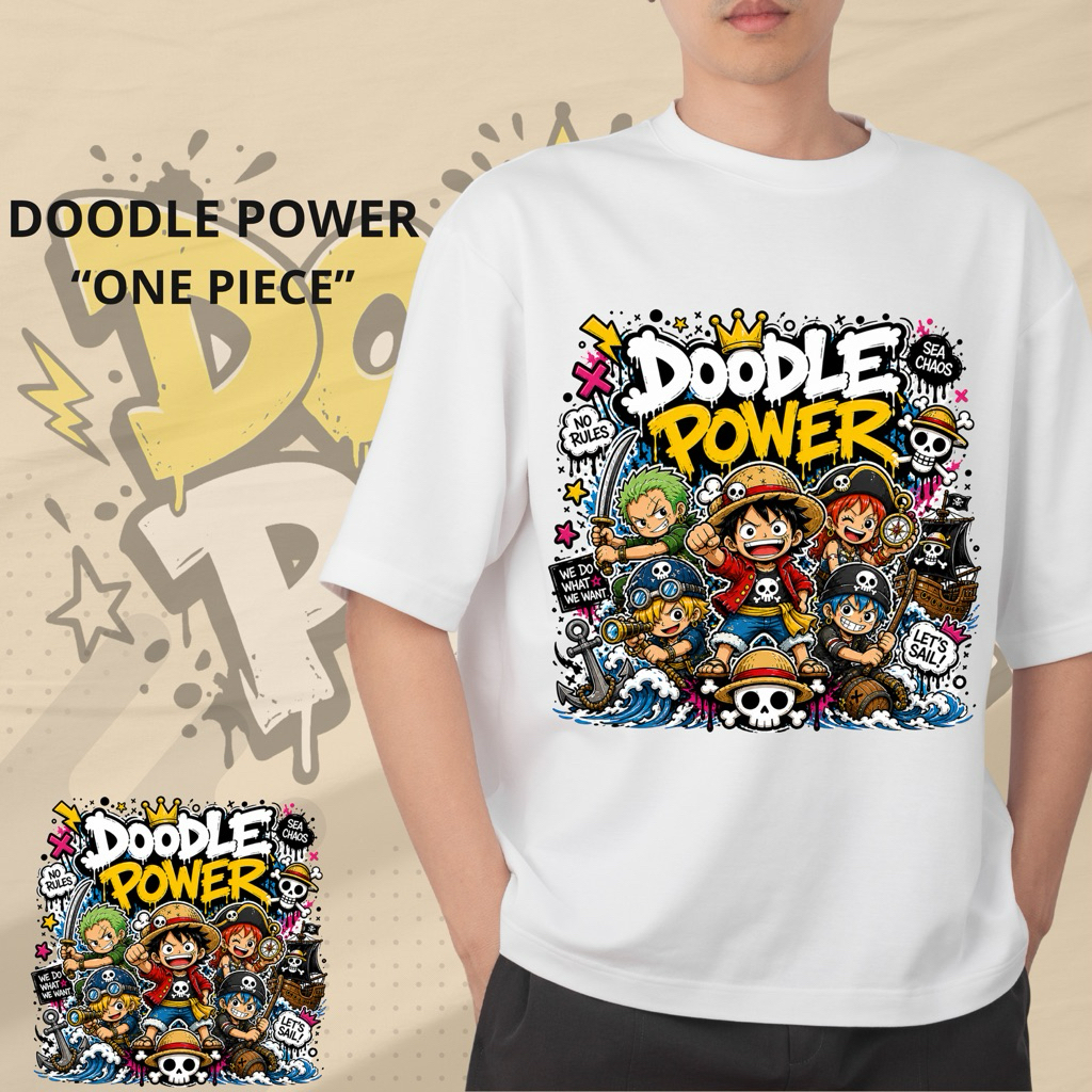 DOODLE POWER kaos One Piece putih / kaos bergambar One Piece putih / kaos bergambar kartun One Piece