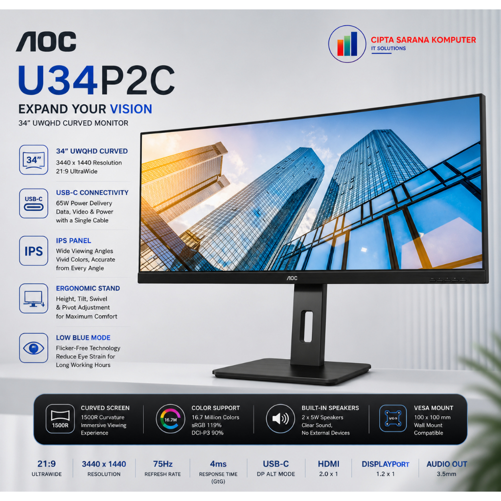 Monitor AOC U34P2C 34" IPS 1440p WQHD UltraWide | USB-C | 65W Speaker