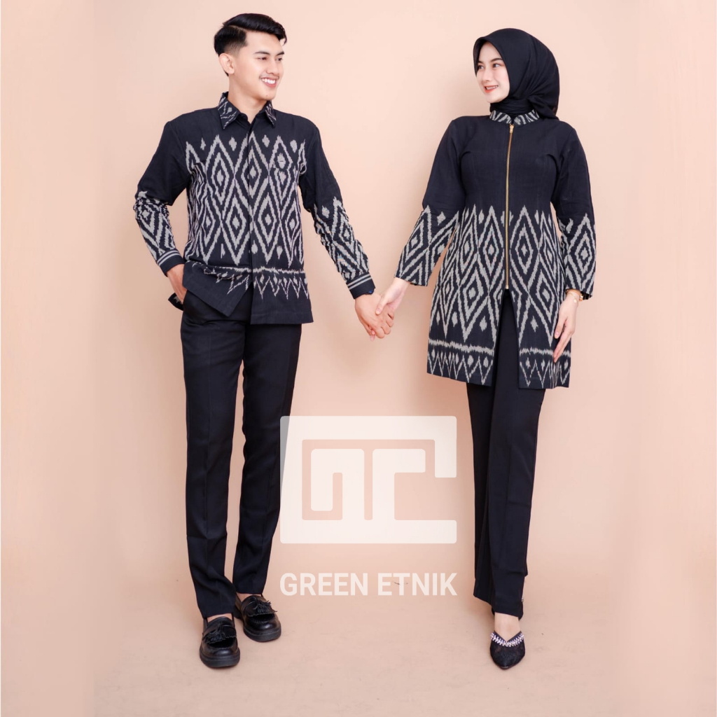 (GREEN ETHNIC) SET COUPLE TUNIK TENUN NALA BLACK- BAJU PASANGAN