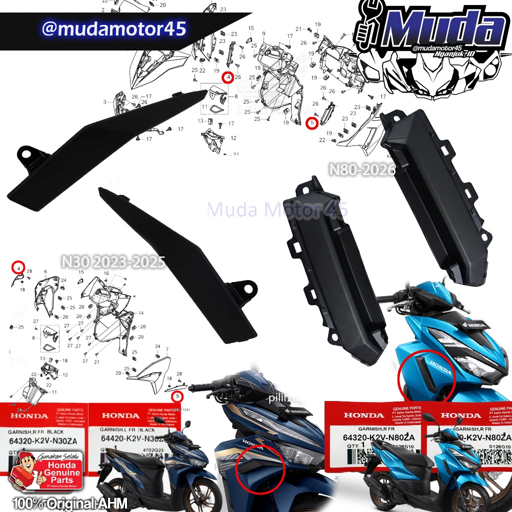 GARNISH SIDE VARIO 125 GEN 4 2023 5 2025 R L FR FRONT 64320-64420-K2V-N30ZA-N80ZA SAMBUNGAN SAYAP DE