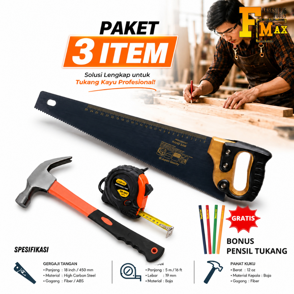 PAKET TUKANG MURAH - Gergaji Kayu Baja Asli Siap pakai- Palu kambing Gagang Besi , Meteran Viper - g