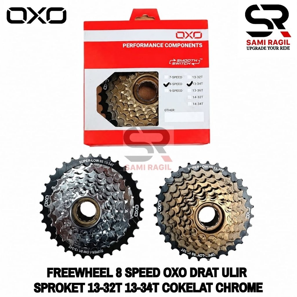 FREEWHEEL 8 SPEED OXO DRAT ULIR SPROKET SPROCKET 13-32T 13-34T COKELAT CHROME SILVER 8S SEPEDA MTB S