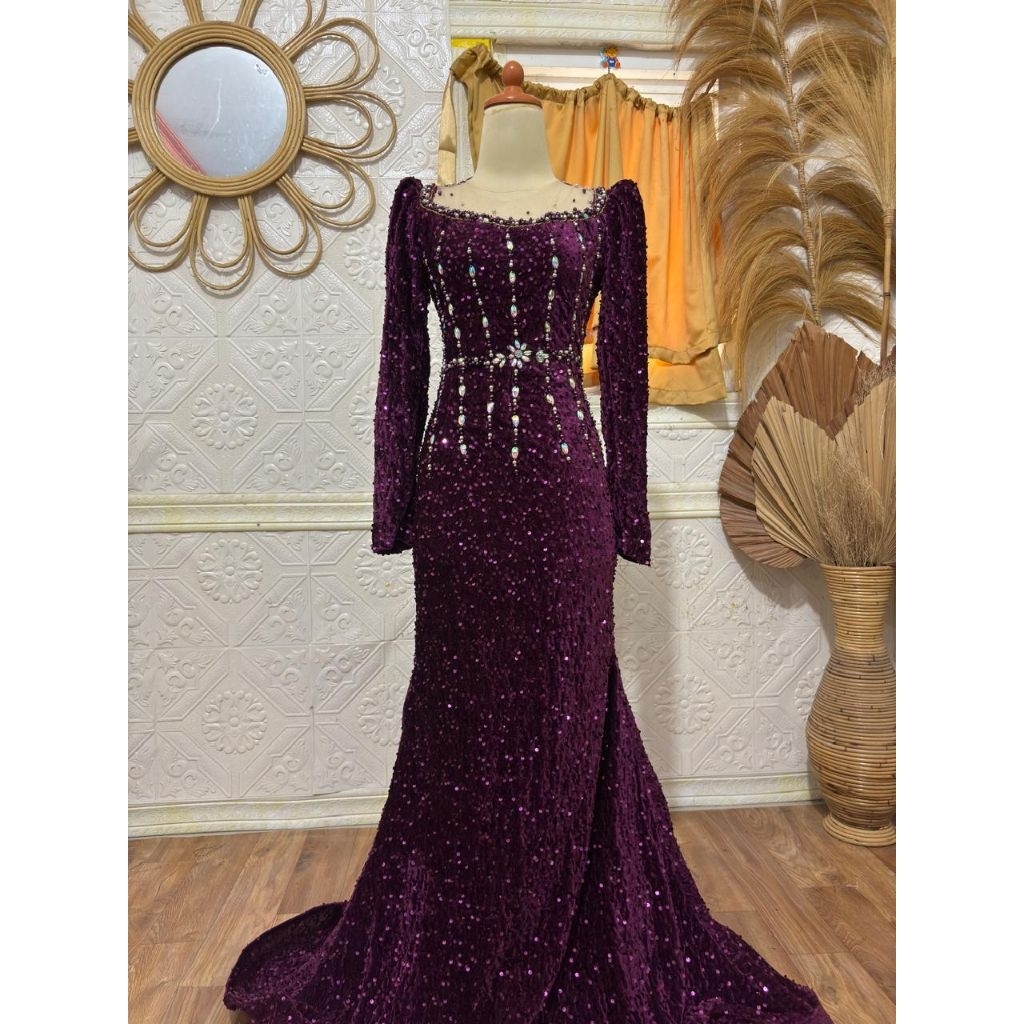 pre order gaun panjang bludru squin ( bisa req warna & ukuran)