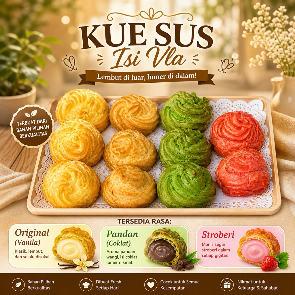 Kue Sus Isi Vla Kue Soes Basah Kue Subuh Kue Jajanan Pasar Enak & Fresh Tersedia Rasa Vanila, Pandan