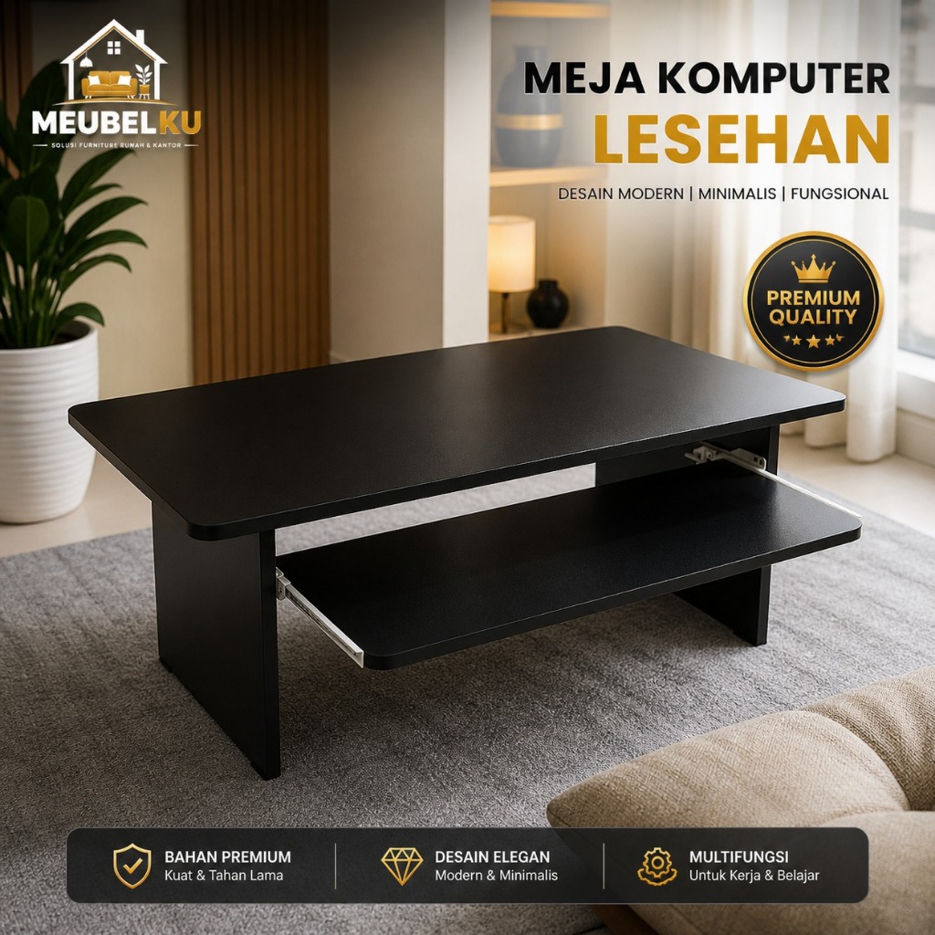 Meja Komputer Lesehan Minimalis Modern | Meja Laptop Low Desk Multifungsi Rak Geser | Meja Kerja San
