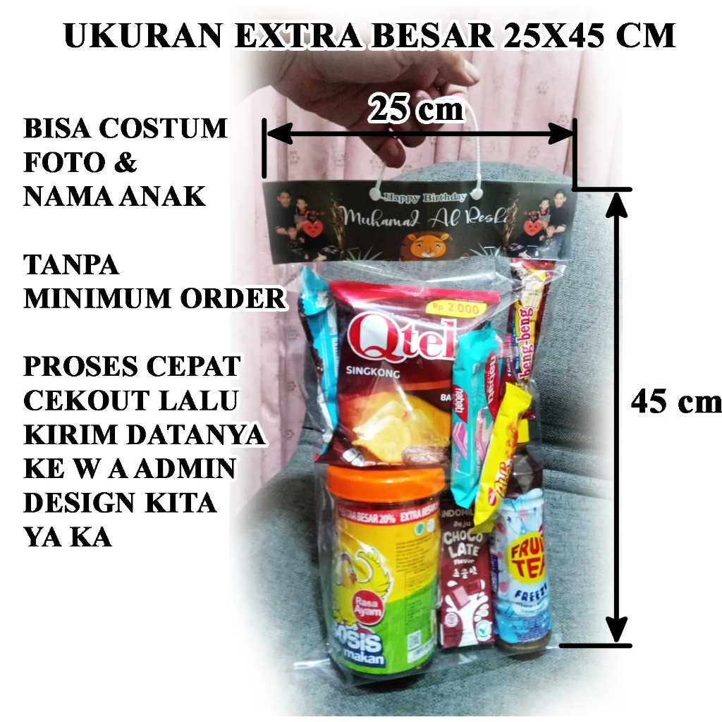 tas sovenir snack ulang tahun (UK 25X45CM) costume plastik label ulang tahun anak custom BISA RREQUE