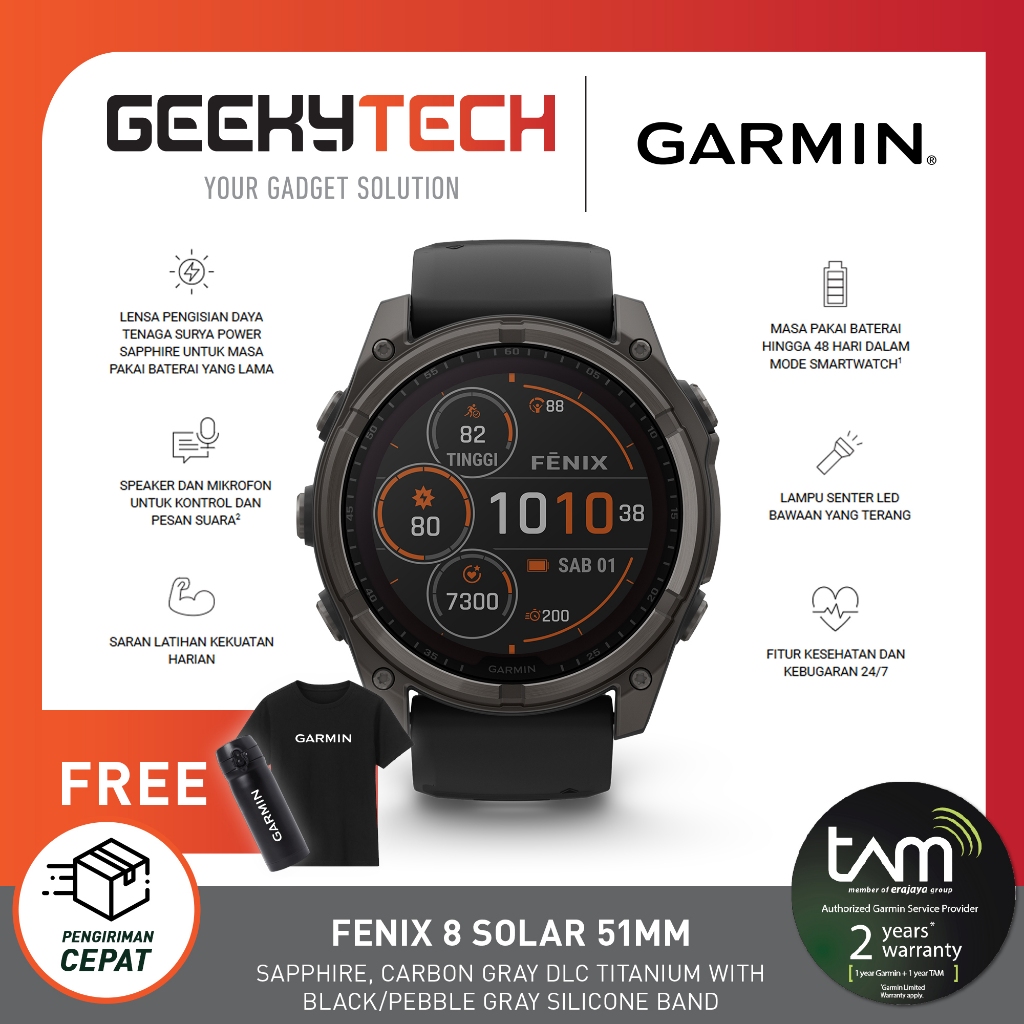Garmin Fenix 8 SOLAR 51mm Sapphire Carbon Grey DLC Titanium w/ Black Silicone Band - Garansi RESMI T